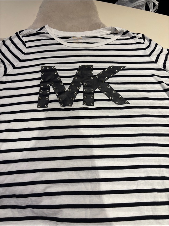 Michael Kors Tops - Michael Kors White and Black Striped Tee with Studded Black MK Logo